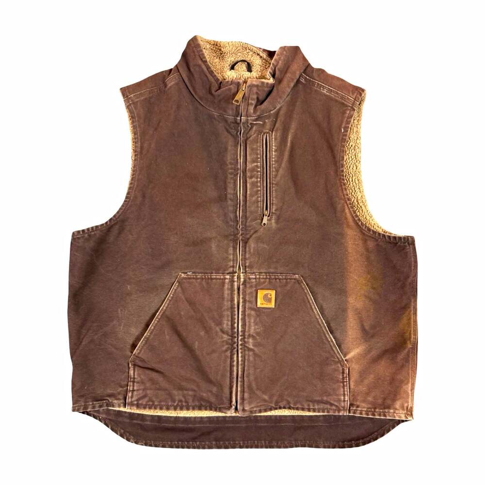 Vintage Faded Carhartt Brown Sherpa Lined Full Zip Vest Men’s XL Work Jacket